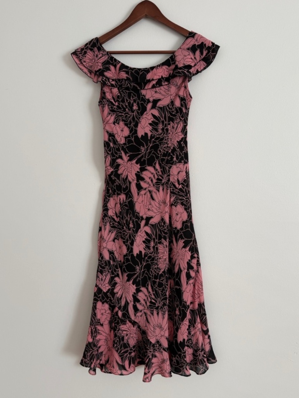 Vintage 90s Floral Ruffle Dress | Pink and Black | Size Small